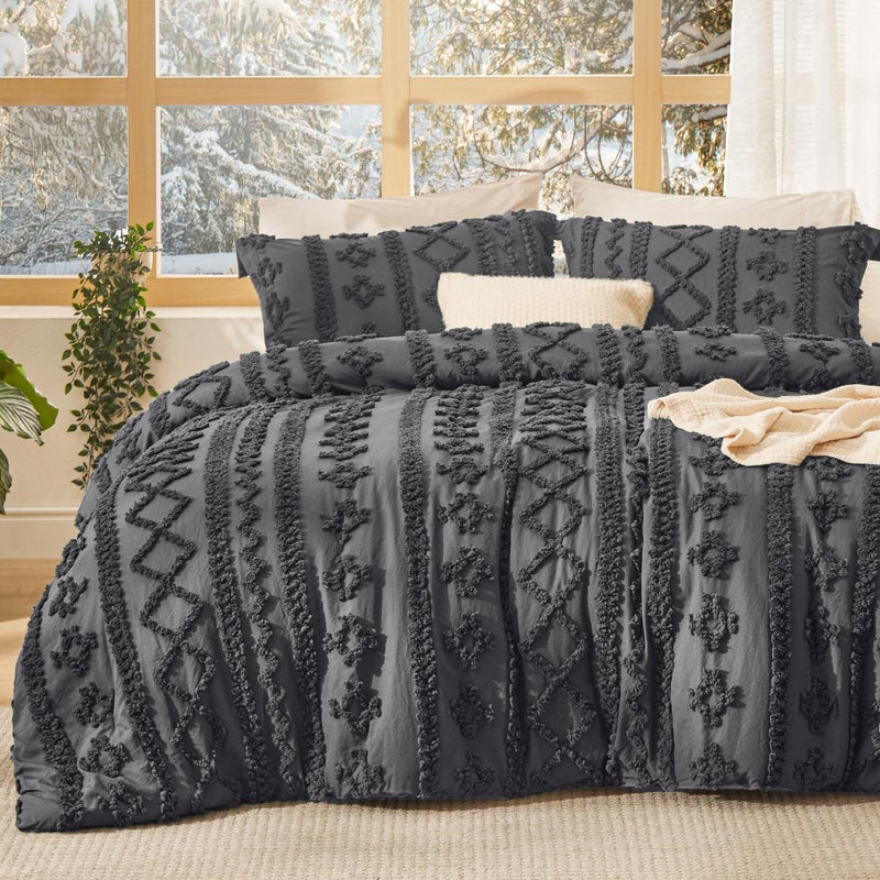 Bedsure Tufted Boho Comforter Set California King Size - Dark Grey Boho Bed Set, GentleSoftâ„¢ 3 Pieces Farmhouse Shabby Chic Embroidery Bedding, Gifts for Woman, Soft Jacquard Comforter for All Seasons - Image 1