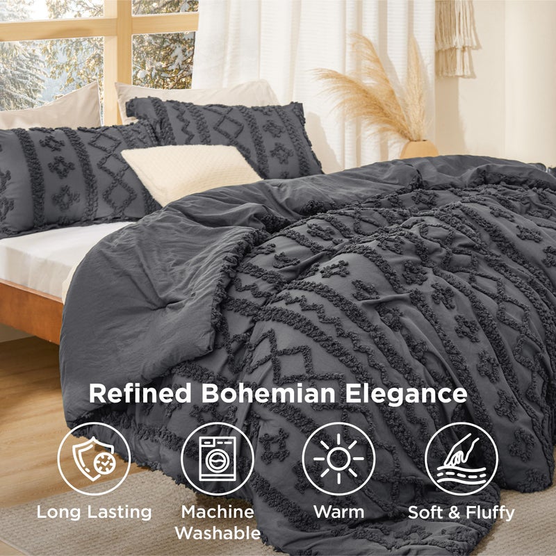 Bedsure Tufted Boho Comforter Set California King Size - Dark Grey Boho Bed Set, GentleSoftâ„¢ 3 Pieces Farmhouse Shabby Chic Embroidery Bedding, Gifts for Woman, Soft Jacquard Comforter for All Seasons - Image 4