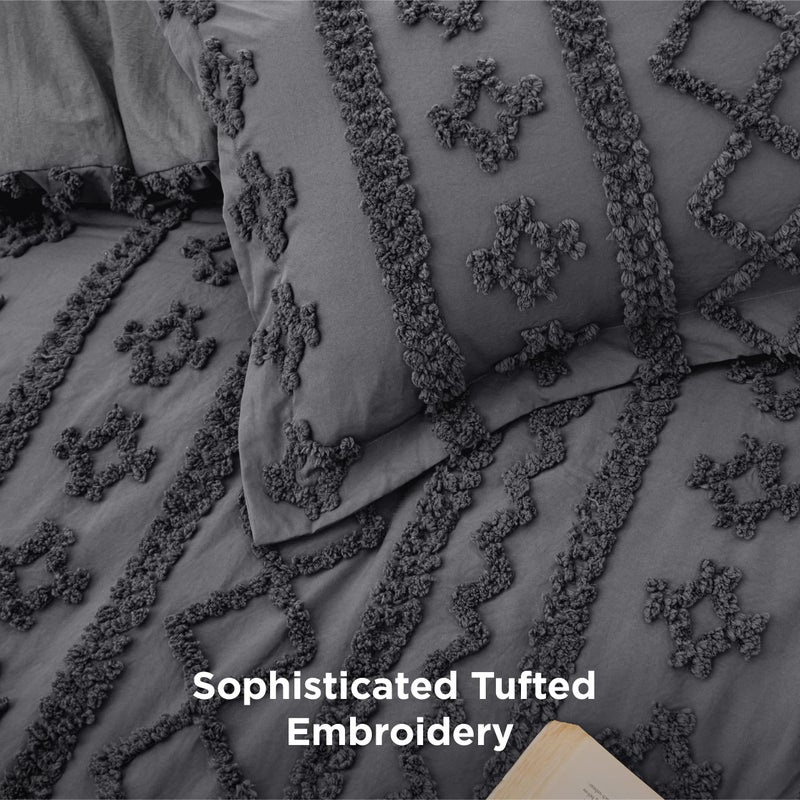 Bedsure Tufted Boho Comforter Set California King Size - Dark Grey Boho Bed Set, GentleSoftâ„¢ 3 Pieces Farmhouse Shabby Chic Embroidery Bedding, Gifts for Woman, Soft Jacquard Comforter for All Seasons - Image 5