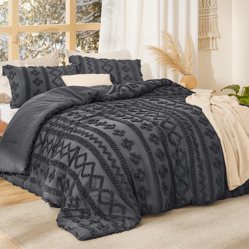 Bedsure Tufted Boho Comforter Set California King Size - Dark Grey Boho Bed Set, GentleSoftâ„¢ 3 Pieces Farmhouse Shabby Chic Embroidery Bedding, Gifts for Woman, Soft Jacquard Comforter for All Seasons - Image 2