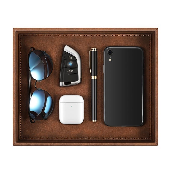 Valet Tray Desk Organizer PU Leather Catchall Bedside Vanity Tray Nightstand Caddy Coin Box Key Jewelry Storage Organizer Brown