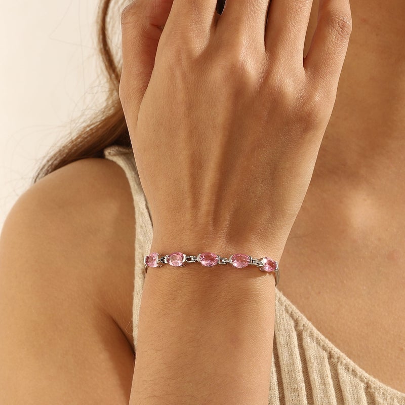 Juwaliy 18K White Gold Plated Oval Tennis Bracelets for Women,October Birthstone Bracelet Pink Tourmaline Jewelry Valentines Gifts for Wife/Girlfriend - Image 5