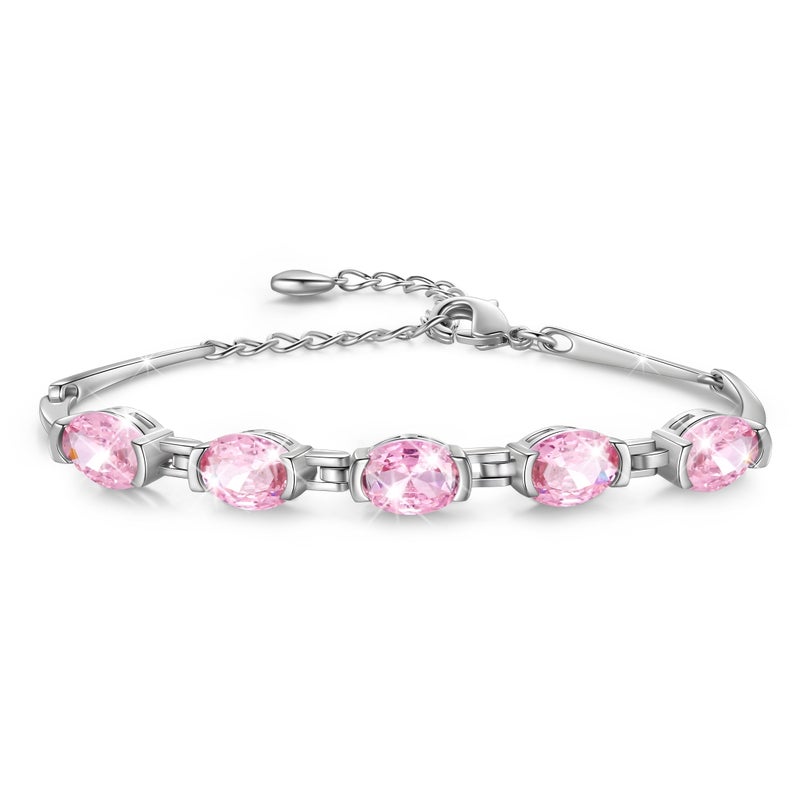 Juwaliy 18K White Gold Plated Oval Tennis Bracelets for Women,October Birthstone Bracelet Pink Tourmaline Jewelry Valentines Gifts for Wife/Girlfriend - Image 1