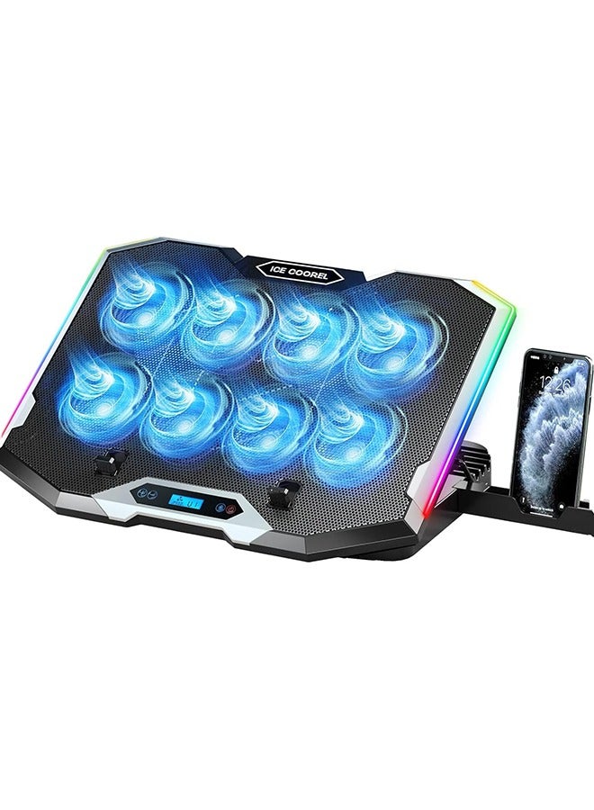 ICE COOREL Gaming Laptop Cooling Pad with 8 Cooling Fans, Laptop Fan Cooler Pad for 15-17.3 Inch, Notebook Cooler Stand with 6 Height Adjustable, RGB Cooling Pad with Two USB Port + Phone Stand  - Image 1