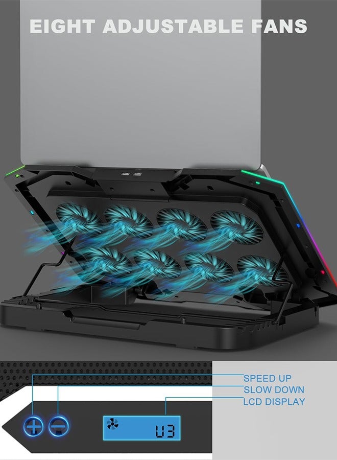 ICE COOREL Gaming Laptop Cooling Pad with 8 Cooling Fans, Laptop Fan Cooler Pad for 15-17.3 Inch, Notebook Cooler Stand with 6 Height Adjustable, RGB Cooling Pad with Two USB Port + Phone Stand  - Image 3