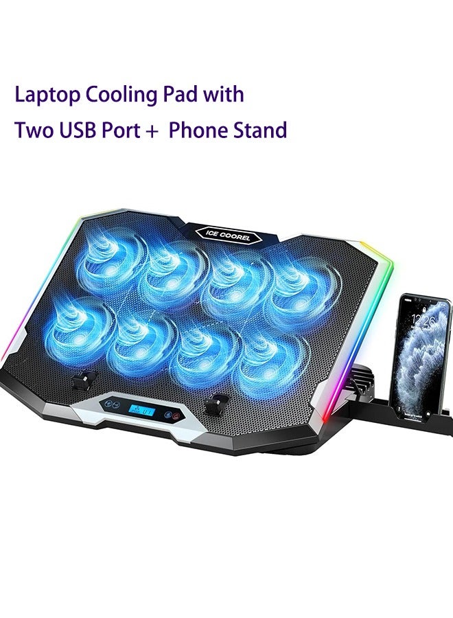 آيس كوريل لوحة تبريد لأجهزة الكمبيوتر المحمولة للألعاب مع 8 مراوح تبريد، لوحة تبريد بمروحة لأجهزة الكمبيوتر المحمولة مقاس 15-17.3 بوصة، حامل تبريد لأجهزة الكمبيوتر المحمولة مع 6 ارتفاعات قابلة للتعديل، لوحة تبريد RGB مع منفذي USB + حامل للهاتف - Image 1