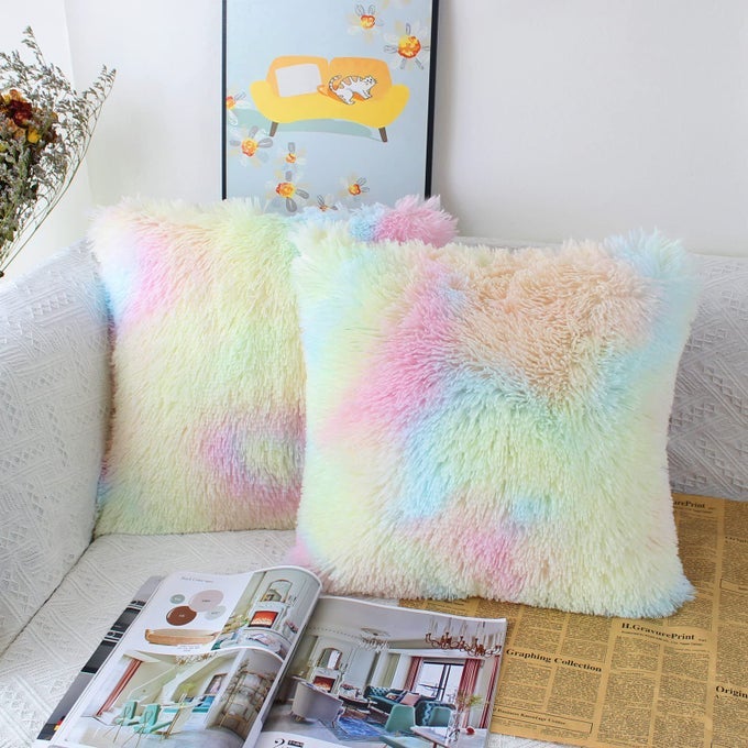 SET OF 2 40 X 40CM FAUX FUR FLUFFY CUSHION COVERS SOFT THROW PILLOW CASE 16X16 RAINBOW DECORATIVE SQUARE PLUSH PILLOWCASE FOR LIVINGROOM SOFA BEDROOM