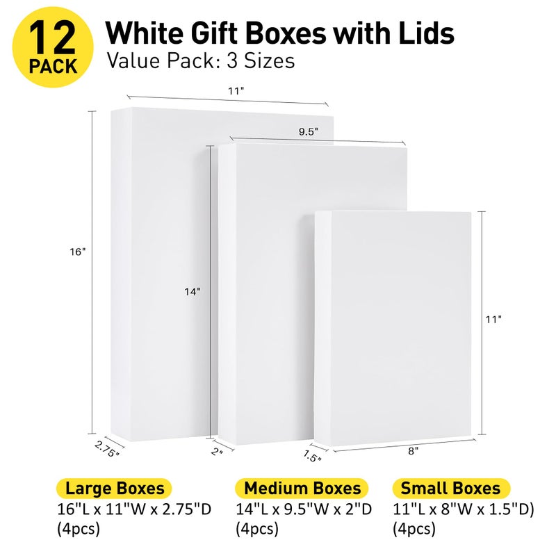 SUNCOLOR 12 Pack White Gift Boxes with Lids Assorted Sizes (4 Boxes 11", 4 Boxes 14", 4 Boxes 16") â€“ Premium Set of Small, Medium, and Large Boxes for Presents, Packaging, and Storage - Image 2