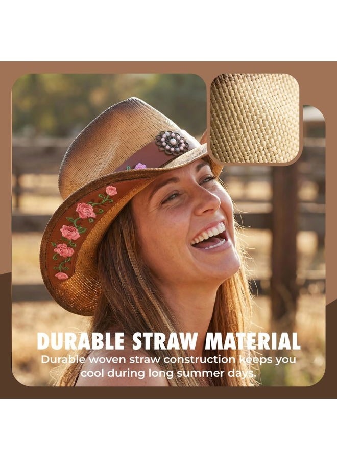 grinderPUNCH Western Outback Cowboy Hat Men's Women's Style Classic Straw Western Cowgirl Hat (Straw, Leather) - Image 4