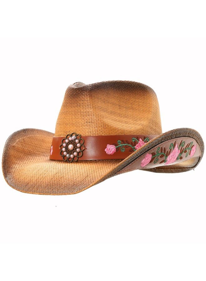 grinderPUNCH Western Outback Cowboy Hat Men's Women's Style Classic Straw Western Cowgirl Hat (Straw, Leather) - Image 1