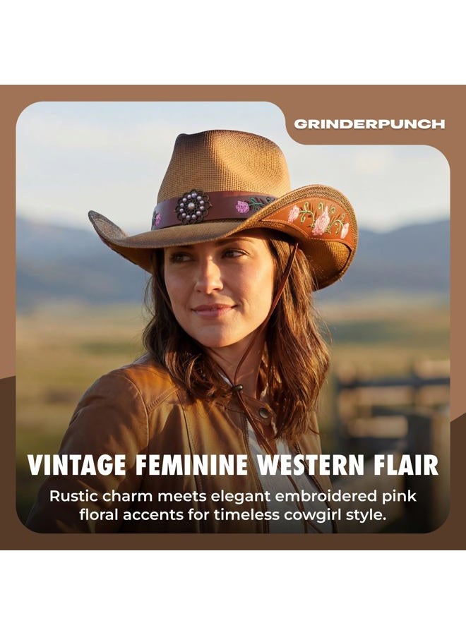 grinderPUNCH Western Outback Cowboy Hat Men's Women's Style Classic Straw Western Cowgirl Hat (Straw, Leather) - Image 2