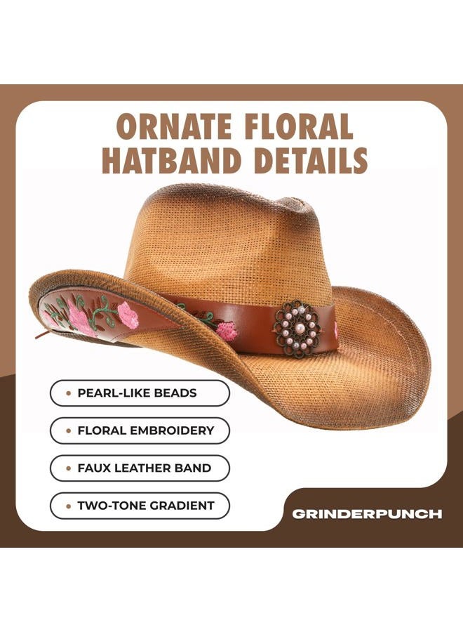 grinderPUNCH Western Outback Cowboy Hat Men's Women's Style Classic Straw Western Cowgirl Hat (Straw, Leather) - Image 3