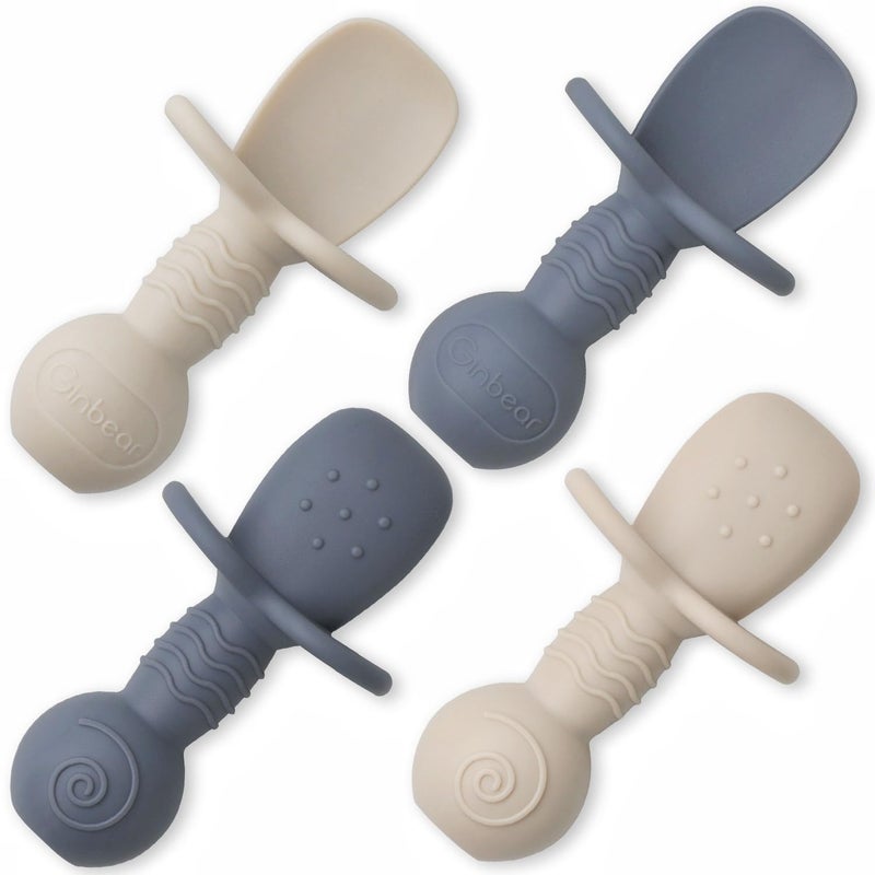 Ginbear Platinum Silicone Baby Spoons Self Feeding 6 Months First Stage, Non Toxic Infants Led Weaning Utensils for Training, Soft BLW Supplies Pack of 4 (Cool Gray/Ivory) - Image 1
