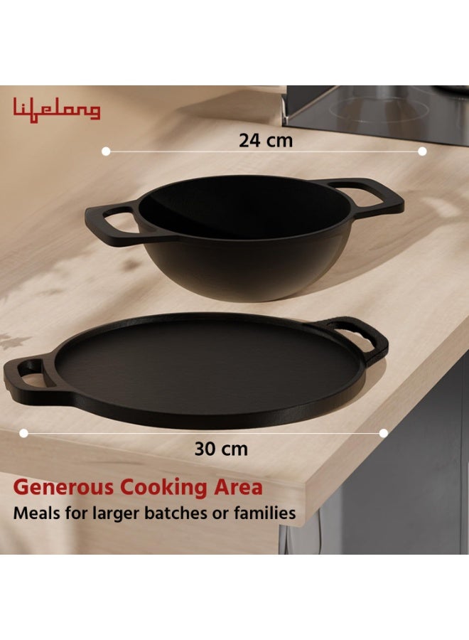Lifelong Cast Iron Dosa Tawa & Kadai with Wooden Spatula - Image 2