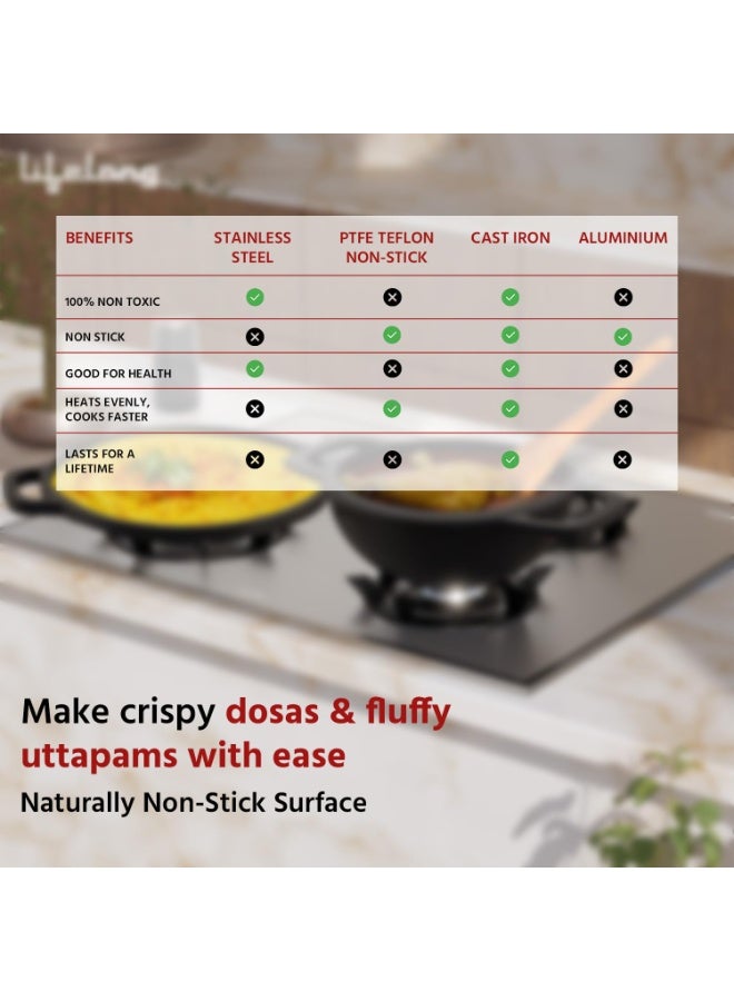 Lifelong Cast Iron Dosa Tawa & Kadai with Wooden Spatula - Image 3