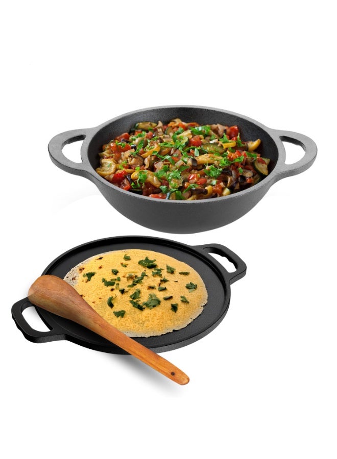 Lifelong Cast Iron Dosa Tawa & Kadai with Wooden Spatula - Image 1