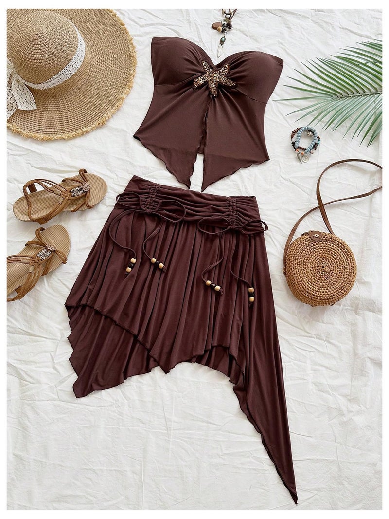 MakeMeChic Women's 2 Piece Y2k Outfit Starfish Strapless Tube Tops and Ruched Skirt Set Brown Small - Image 5