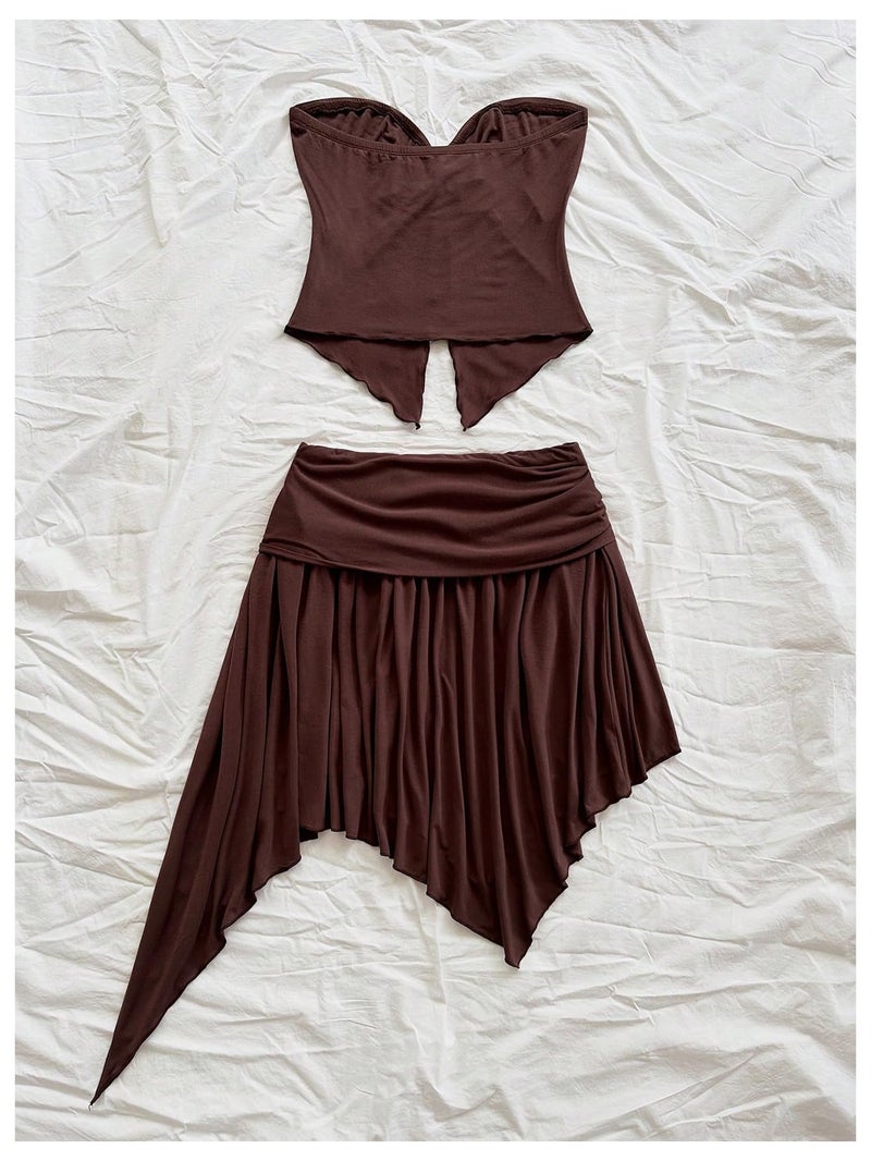 MakeMeChic Women's 2 Piece Y2k Outfit Starfish Strapless Tube Tops and Ruched Skirt Set Brown Small - Image 2