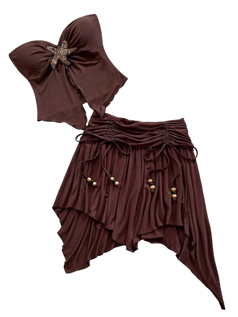 MakeMeChic Women's 2 Piece Y2k Outfit Starfish Strapless Tube Tops and Ruched Skirt Set Brown Small - Image 1