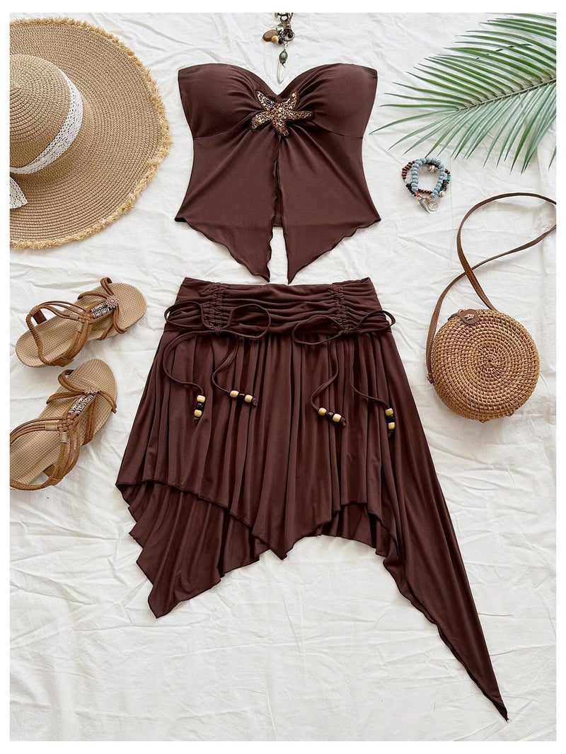 MakeMeChic Women's 2 Piece Y2k Outfit Starfish Strapless Tube Tops and Ruched Skirt Set Brown Small - Image 4