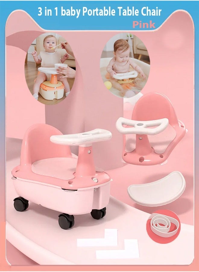 MIXDE baby bath seat, 3 in 1 Portable Table Chair, Baby Walker and Multifunctional Storage Seat with PU Soft Seat Cushion and Universal wheel(Pink)  - Image 1