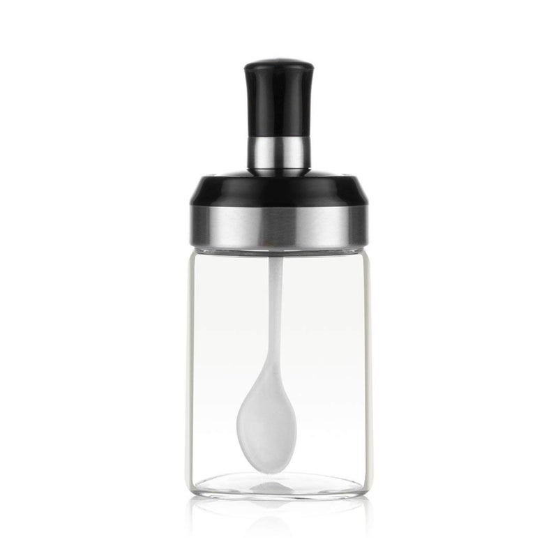 SOLARAE برطمان صلصة حاوية سكر زجاجية مجموعة ملعقة مع غطاء حاويات تخزين التوابل الملح السكر لمطبخ تخزين الطعام مع ملصق زخرفي 9.7 أونصة / 280 مل - Image 1