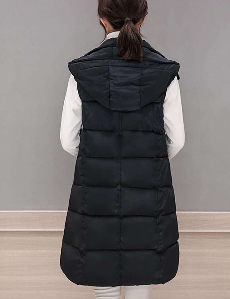 Tanming Women's Long Puffer Vest Casual Sleeveless Puffy Jacket with Removable Hood (Black-XL) - Image 5