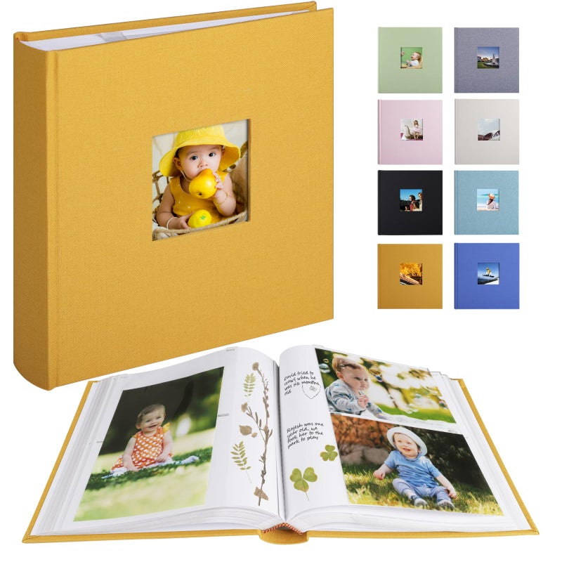 1DOT2 Photo Album with Writing Space 50 Pages 4x6 Photos Hold 200 or 5x7 Pictures Hold 100  Linen Cover Small Photo Book Albums with Memo for Anniversary Wedding Baby (Indian Yellow) - Image 1