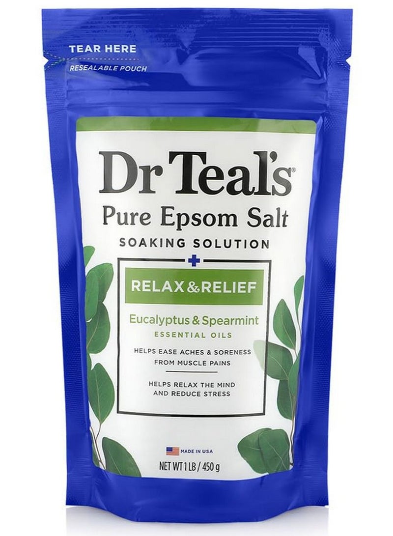 Dr Teal's Pure Epsom Salt Soaking Solution Relax & Relief With Eucalyptus & Spearmint Essential Oils 450G - Image 1