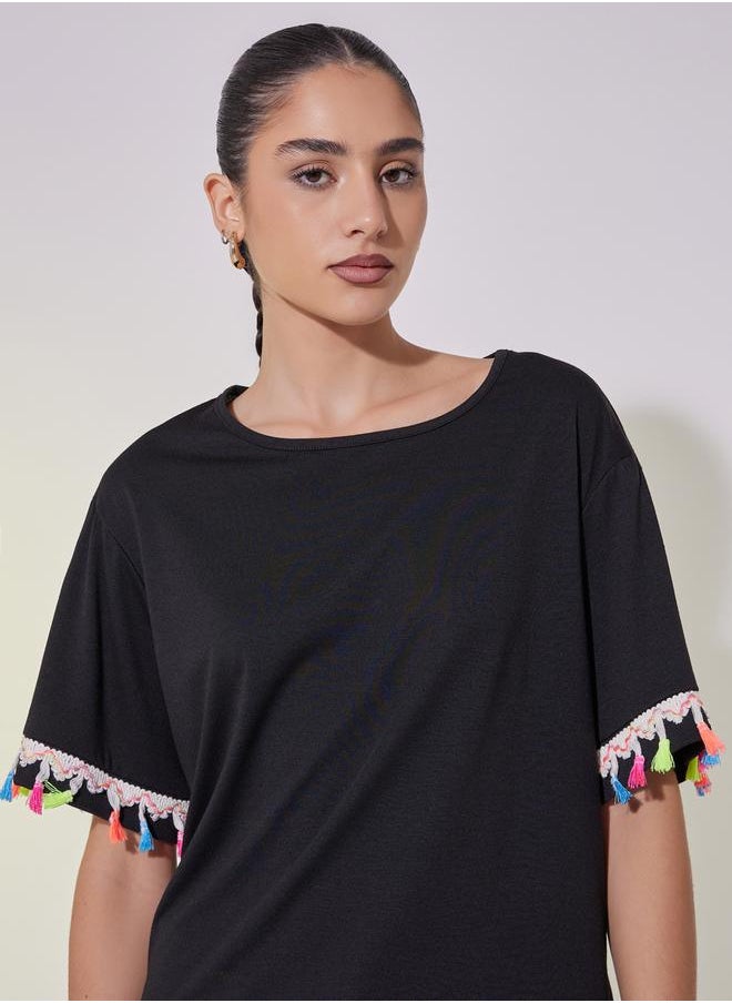 Take Two Tasselled Lace Detail Relaxed Fit T-Shirt  - Image 4