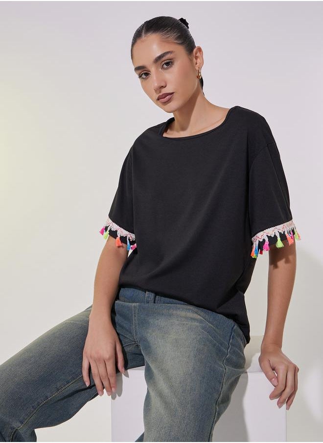 Take Two Tasselled Lace Detail Relaxed Fit T-Shirt  - Image 1