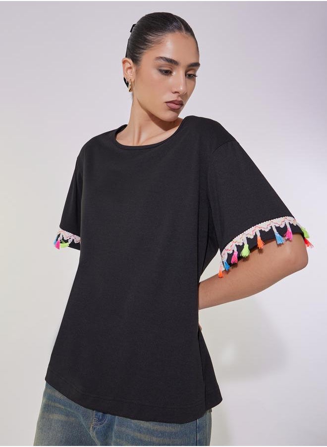 Take Two Tasselled Lace Detail Relaxed Fit T-Shirt  - Image 2
