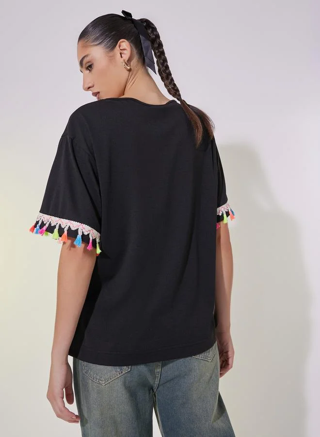Take Two Tasselled Lace Detail Relaxed Fit T-Shirt