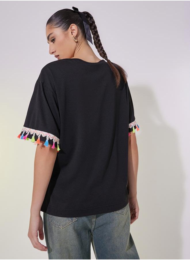 Take Two Tasselled Lace Detail Relaxed Fit T-Shirt  - Image 5
