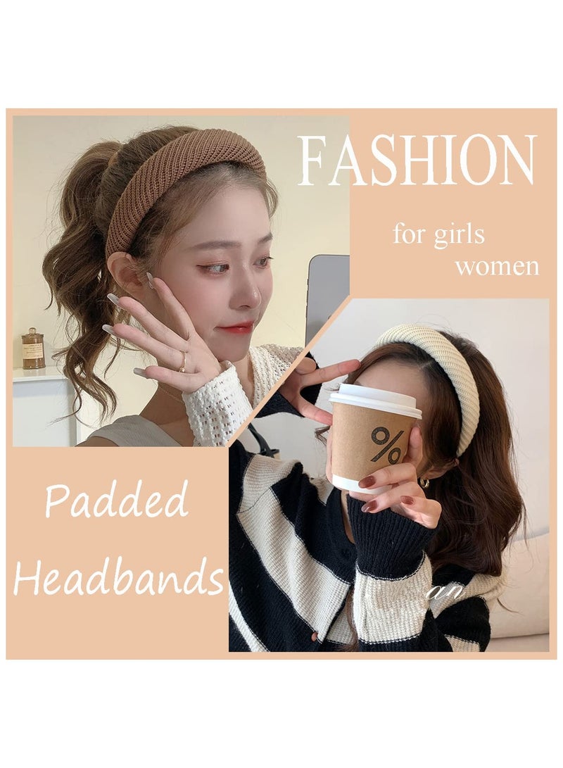 Zikra Knitted Padded Headbands for Women Girls 1.2 inch Wide Solid Hairbands Non Slip Hair Hoops Fashionable and Elegant Face Wash Clip Black Brown Ivory Set of 3 - Image 3