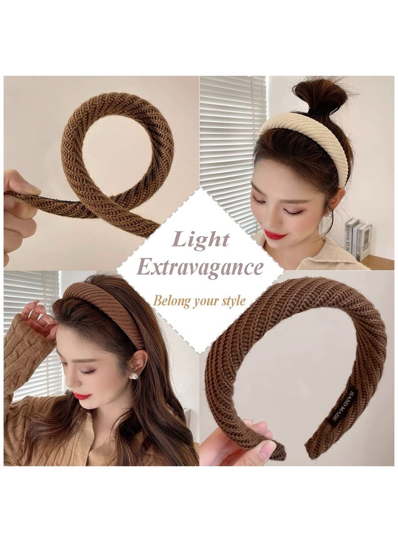 Zikra Knitted Padded Headbands for Women Girls 1.2 inch Wide Solid Hairbands Non Slip Hair Hoops Fashionable and Elegant Face Wash Clip Black Brown Ivory Set of 3 - Image 4