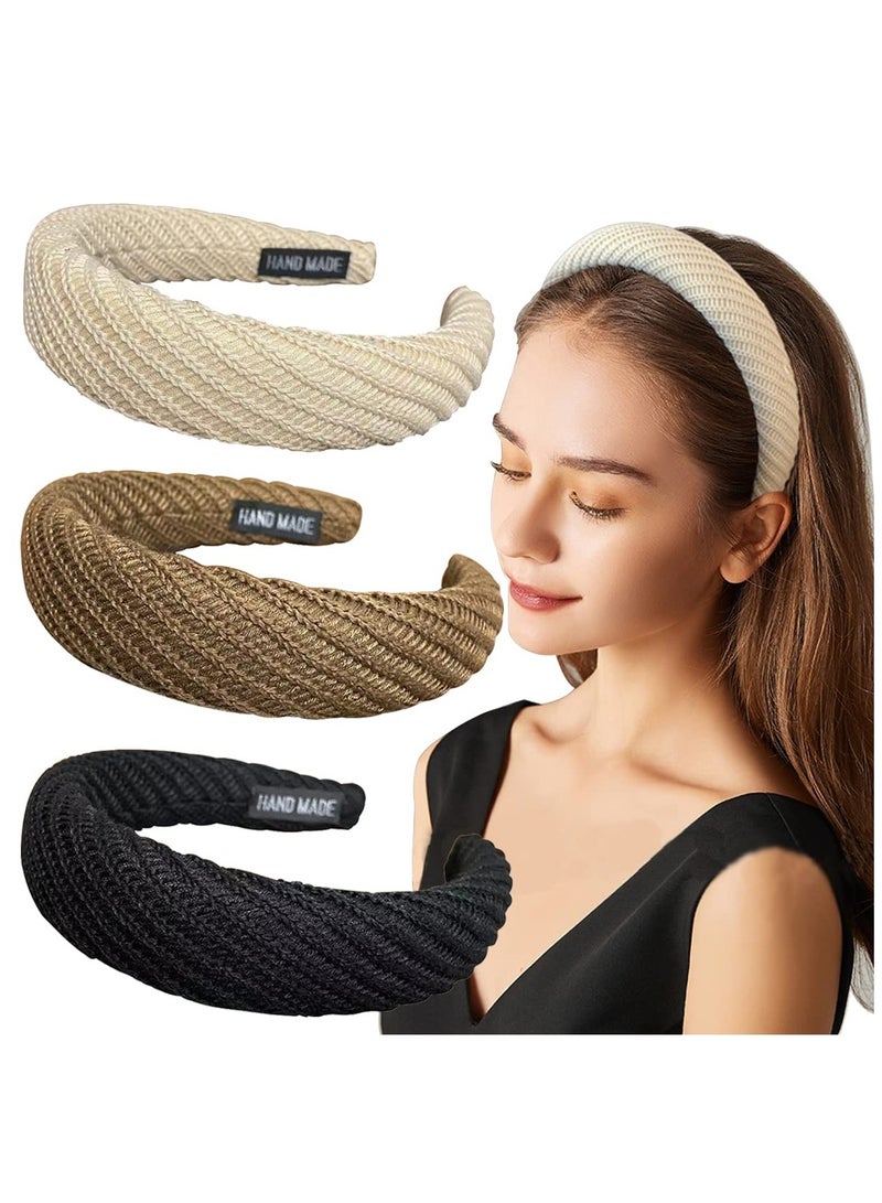 Zikra Knitted Padded Headbands for Women Girls 1.2 inch Wide Solid Hairbands Non Slip Hair Hoops Fashionable and Elegant Face Wash Clip Black Brown Ivory Set of 3 - Image 1