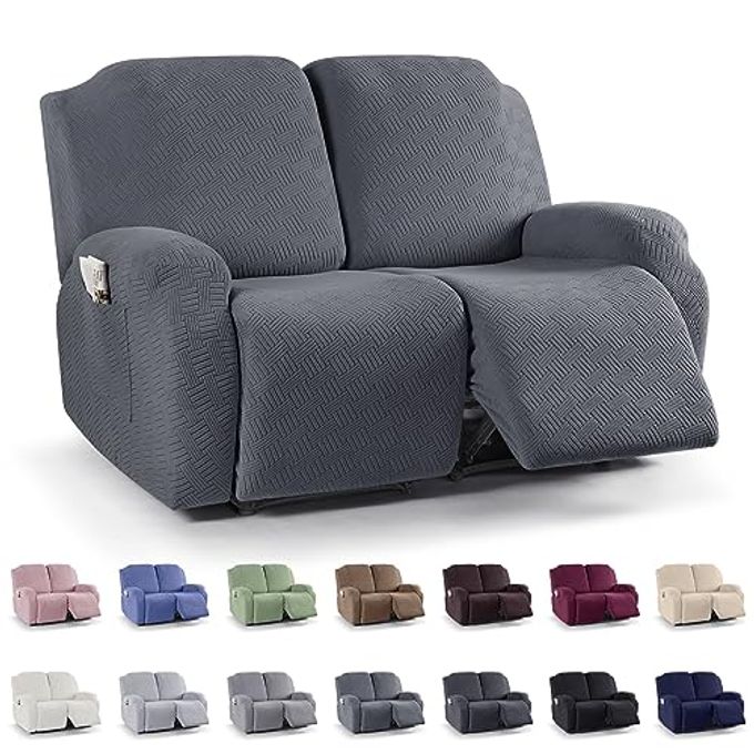 KinCam Recliner Covers, Stretch Reclining Chair Covers, Recliner Sofa Slipcovers Stripe Jacquard Recliner Couch Covers Furniture Protector Covers for Pet Kid (2 Seater, Dark Gray) - Image 1