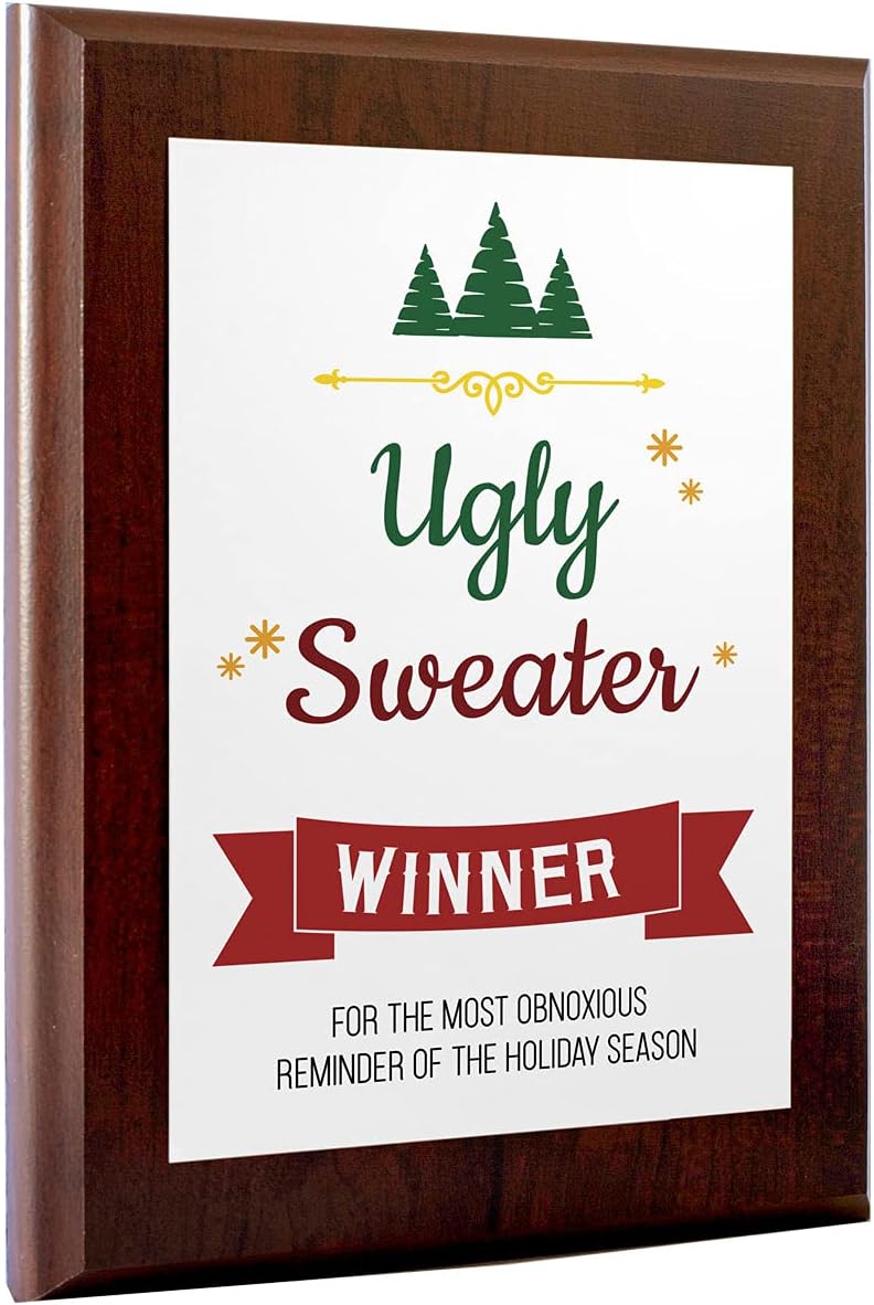 PlaqueMaker 5 x 7" Ugly Christmas Sweater Winner Award Plaque (Coated Cherry Board) - Image 1