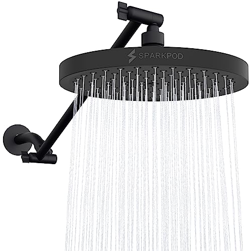 SparkPod Round Rain Shower Head with Extension Arm - Height Adjustable Shower Head with High Pressure Performance - Easy 1-Minute Installation (16" Arm Extension, Midnight Black Matte) - Image 1