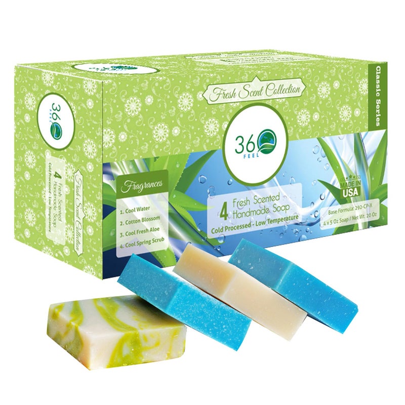 360Feel Fresh Handmade Soap Gift Set  Nourishing and Hydrating Set of Bar Soap  Infused with Four Refreshing Scents Aloe Vera Cotton Blossom Spring Scrub and Cool Water  Set of 4