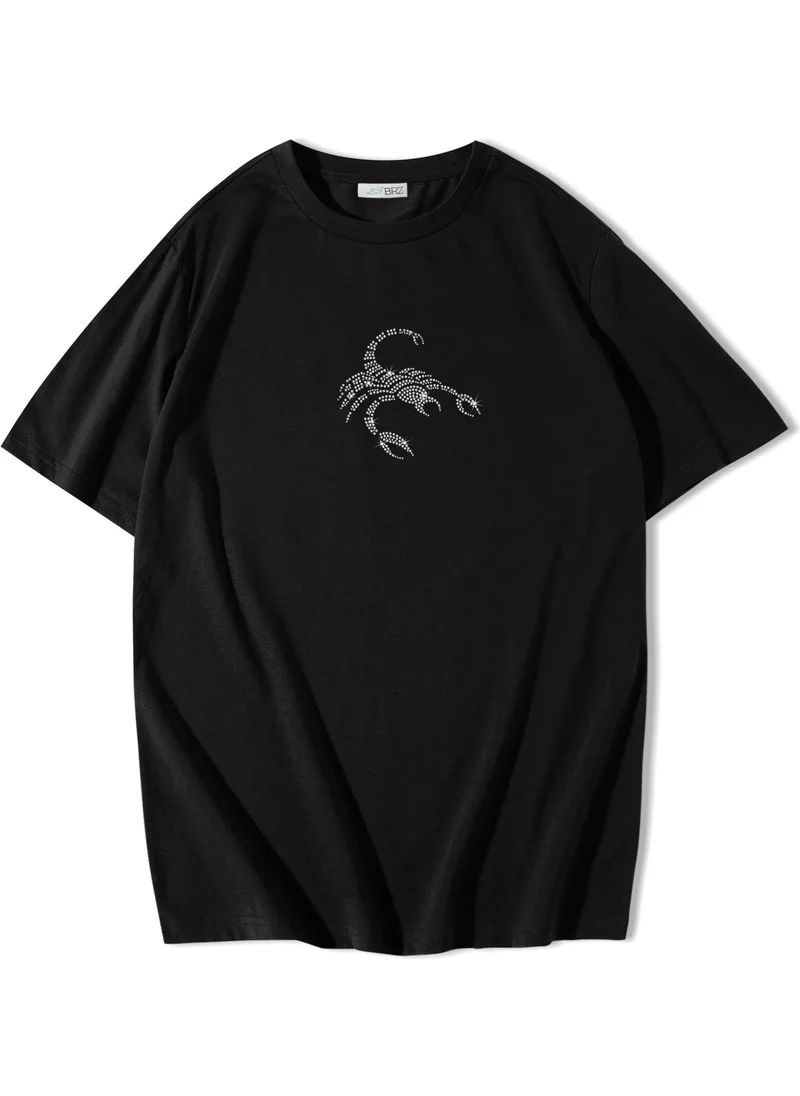 بي ار زد كولكشن Oversize Scorpion Crystal Stone Printed T-Shirt