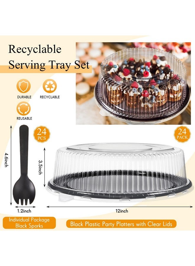 Tessco 24 Pack 12 Inch Heavy Duty Serving Tray with Clear Lid and Sporks, Large Plastic Tray with Elegant Platter Round Black Disposable for Fruit Sandwich Party Takeout Food Catering Picnic - Image 2