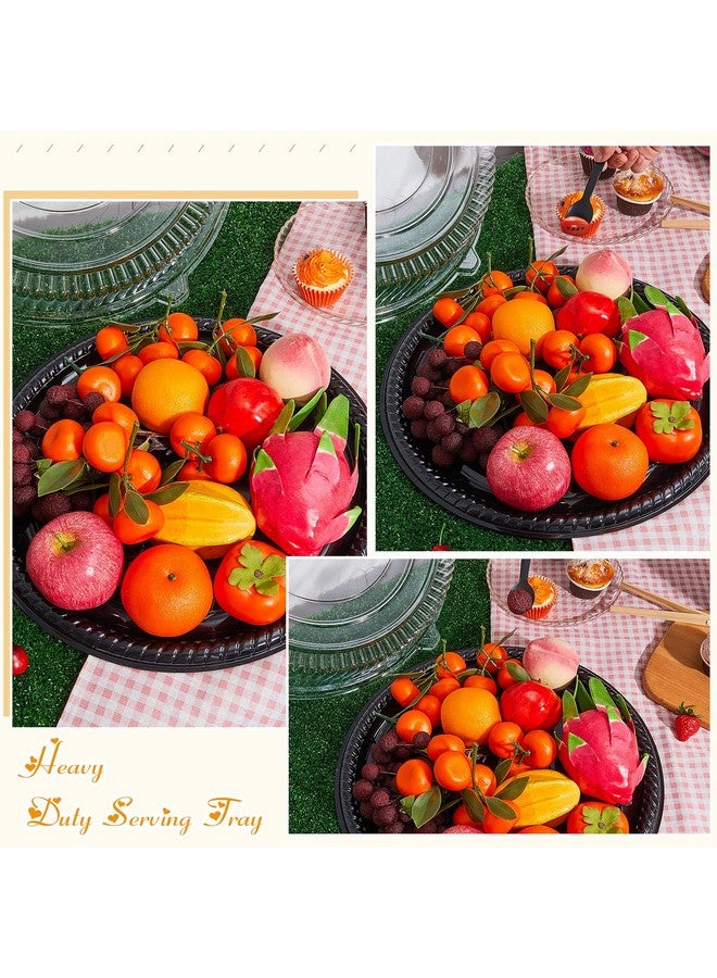 Tessco 24 Pack 12 Inch Heavy Duty Serving Tray with Clear Lid and Sporks, Large Plastic Tray with Elegant Platter Round Black Disposable for Fruit Sandwich Party Takeout Food Catering Picnic - Image 4