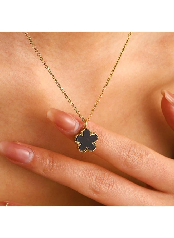 Julia Store 18K Gold Plated Stainless Steel Love Trendy Luxury Simple Lucky Sweet Flower Link Double Face Clover Choker Necklace for Women Necklace Jewelry Gifts for Women - Black - Image 3