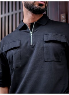 Maniac Mens Solid Polo Neck 3/4th Sleeve Black Cotton Oversized T-Shirt  - Image 3