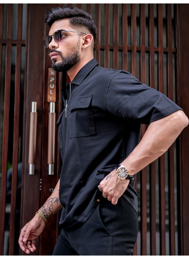 Maniac Mens Solid Polo Neck 3/4th Sleeve Black Cotton Oversized T-Shirt  - Image 2