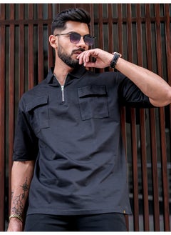 Maniac Mens Solid Polo Neck 3/4th Sleeve Black Cotton Oversized T-Shirt  - Image 1