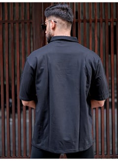 Maniac Mens Solid Polo Neck 3/4th Sleeve Black Cotton Oversized T-Shirt  - Image 4