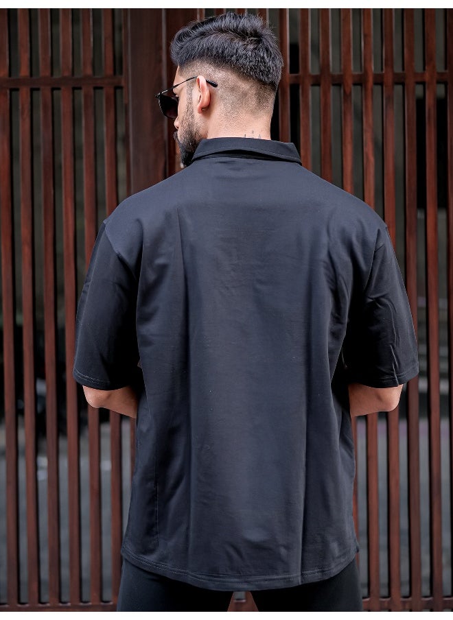 Maniac Mens Solid Polo Neck 3/4th Sleeve Black Cotton Oversized T-Shirt  - Image 4